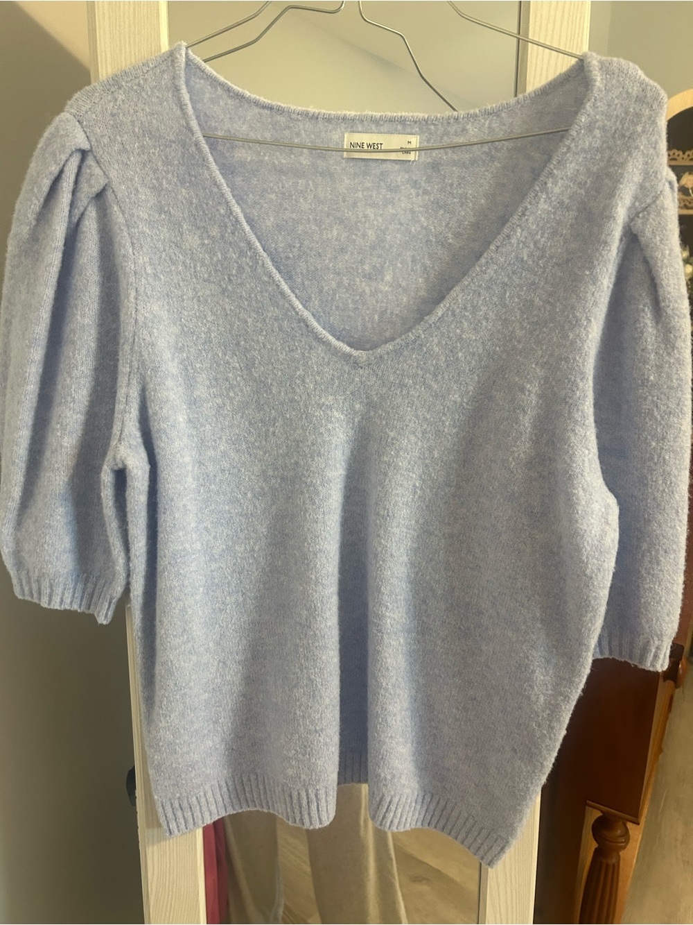 Nine West Pale Blue Puff Sleeve V-Neck Sweater